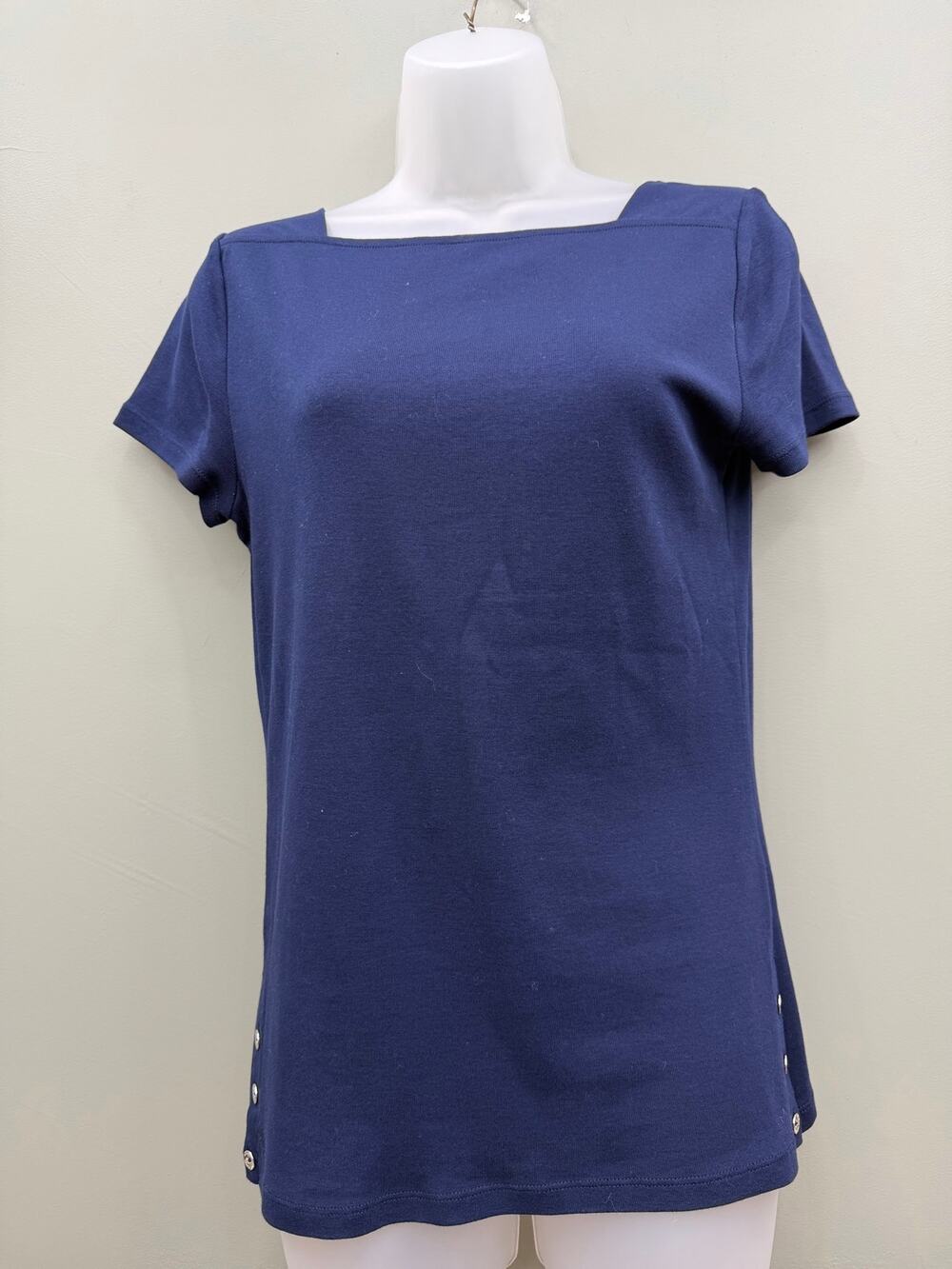 Lauren Ralph Lauren Navy Square Neck Top Large Gold Button Cotton Shirt